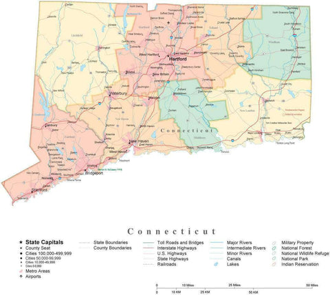 Detailed Connecticut Cut-Out Style Digital Map with Counties, Cities, Highways, and more