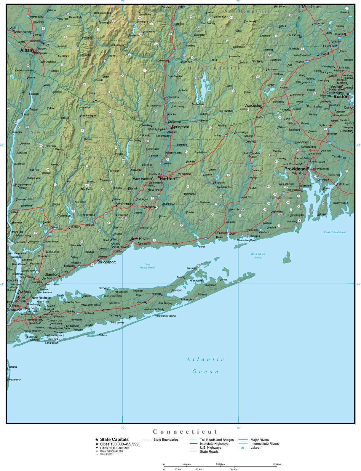 Connecticut State Map Plus Terrain with Cities & Roads