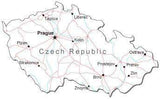 Czech Republic Black & White Map with Capital, Major Cities, Roads, and Water Features