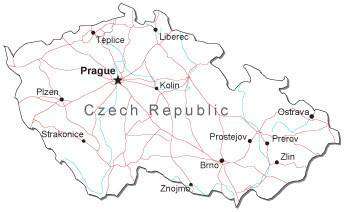 Czech Republic Black & White Map with Capital, Major Cities, Roads, and Water Features