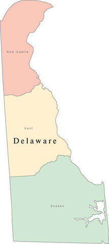 Multi Color Delaware Map with Counties and County Names