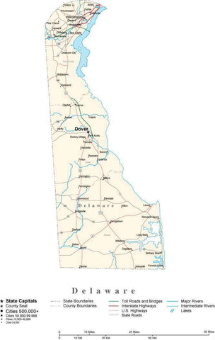 Delaware Map - Cut Out Style - with Capital, County Boundaries, Cities, Roads, and Water Features