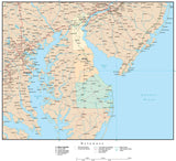 Delaware Map with Counties, Cities, County Seats, Major Roads, Rivers and Lakes