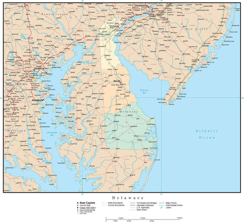 Delaware Map with Counties, Cities, County Seats, Major Roads, Rivers and Lakes