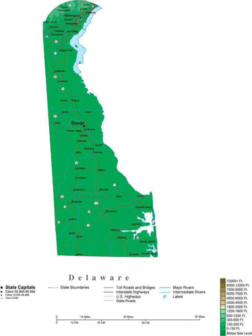 Delaware Map  with Contour Background - Cut Out Style