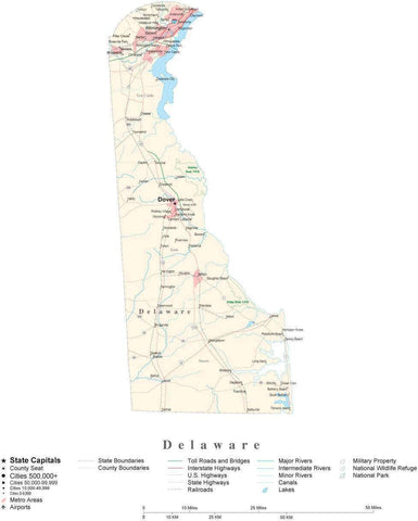 Detailed Delaware Cut-Out Style Digital Map with County Boundaries, Cities, Highways, and more