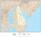 Delaware Map with Capital, County Boundaries, Cities, Roads, and Water Features