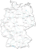 Germany Black & White Map with Capital, Major Cities, Roads, and Water Features