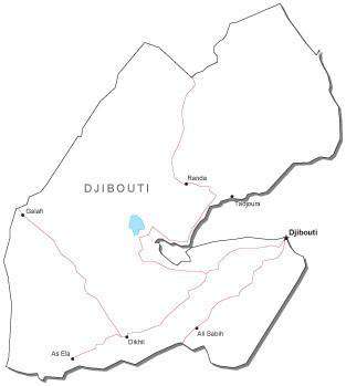 Djibouti Black & White Map with Capital, Major Cities, Roads, and Water Features