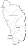 Dominica Black & White Map with Capital, Major Cities, Roads, and Water Features