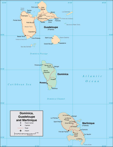 Digital Dominica Guadeloupe Martinique map in Adobe Illustrator vector format