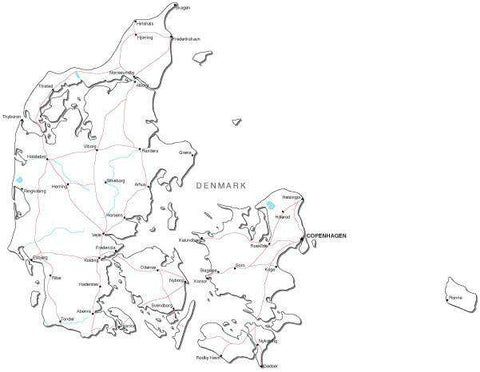 Denmark Black & White Map with Capital, Major Cities, Roads, and Water Features
