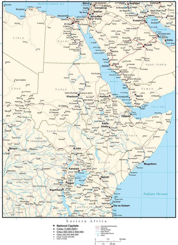 Eastern Africa Map with Country Boundaries, Capitals, Cities, Roads and Water Features