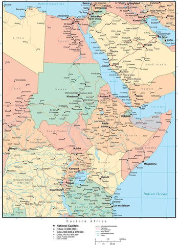 Eastern Africa Map with Countries, Capitals, Cities, Roads and Water Features