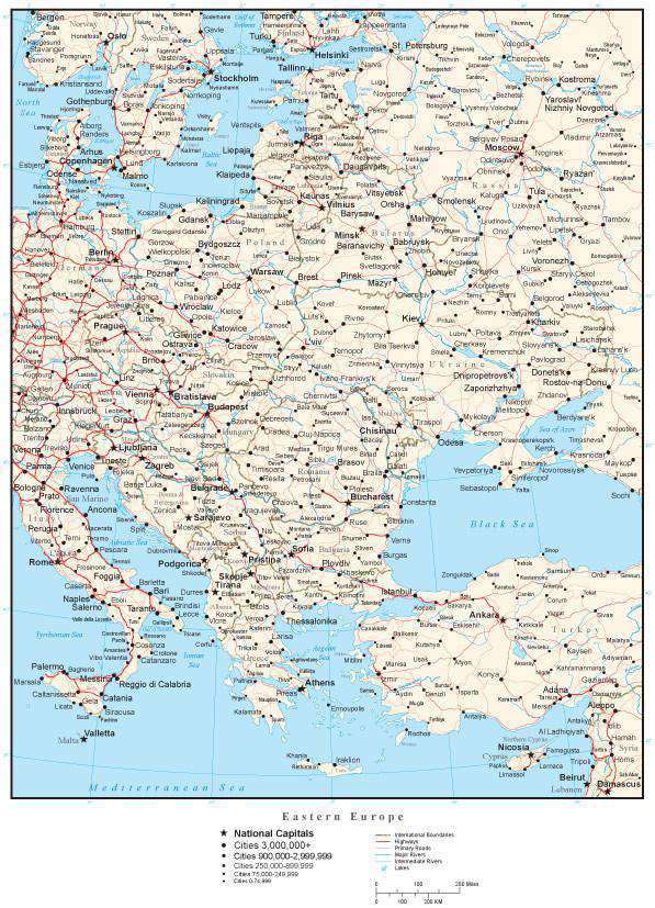 Eastern Europe Map with Countries, Cities, and Roads