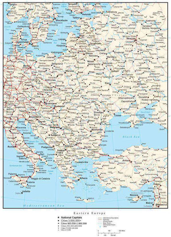Eastern Europe Map with Country Boundaries, Capitals, Cities, Roads and Water Features