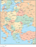 Multi Color Eastern Europe Map with Countries, Capitals, Major Cities and Water Features