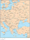 Single Color Eastern Europe Map with Countries, Capitals, Major Cities and Water Features