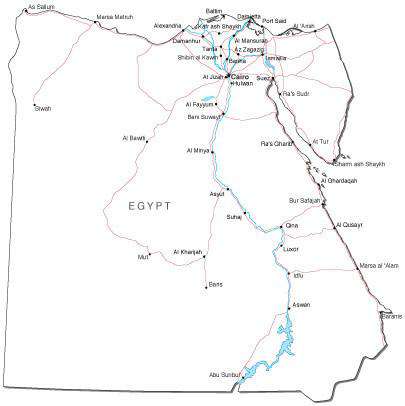 Egypt Black & White Map with Capital, Major Cities, Roads, and Water Features