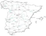 Spain Black & White Map with Capital, Major Cities, Roads, and Water Features