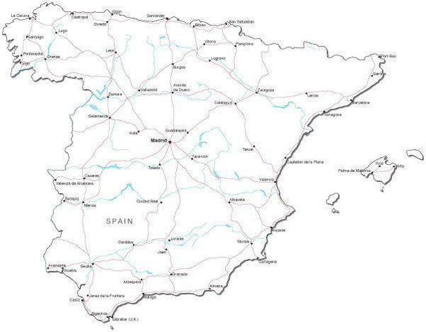 Spain Black & White Road map in Adobe Illustrator Vector Format