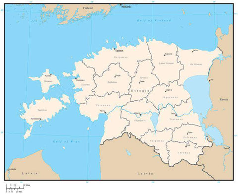 Estonia Digital Vector Map with County Areas and Capitals