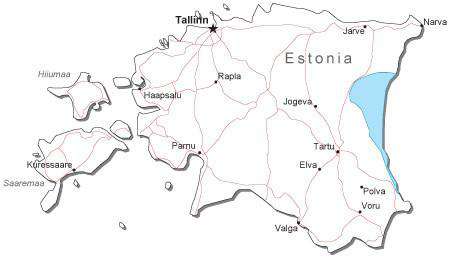 Estonia Black & White Map with Capital, Major Cities, Roads, and Water Features