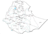 Ethiopia Black & White Map with Capital, Major Cities, Roads, and Water Features