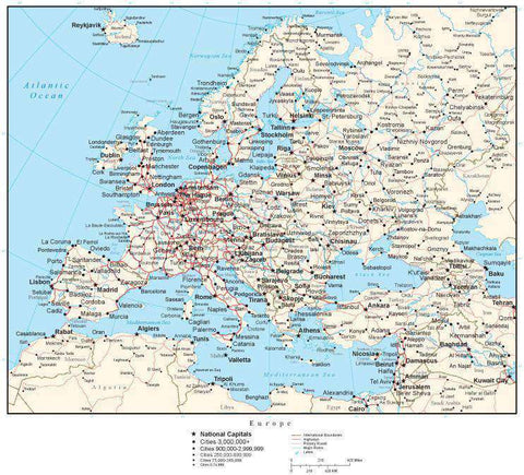 Europe Map with Country Boundaries, Capitals, Cities, Roads and Water Features