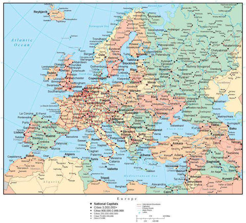 Europe Map with Countries, Capitals, Cities, Roads and Water Features