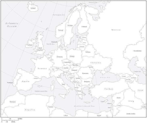 Digital Europe Map with Countries - Black & White