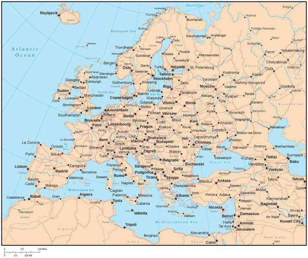 European Map Single Color Single Color Europe Map with Countries, Major Cities