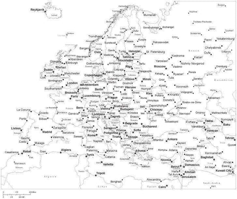 Black & White Europe Map with Countries, Capitals and Major Cities - EUROPE-533881