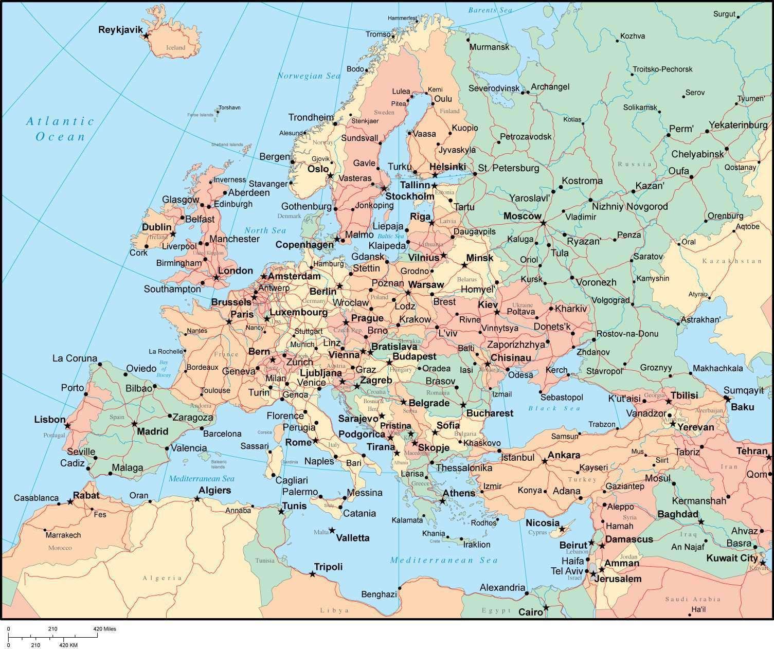 europe map with major cities