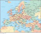 Multi Color Europe Map with Countries, Capitals, Major Cities and Water Features