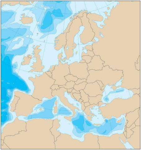 Europe Map with Political Boundaries and Contours in the Water