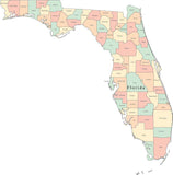 Multi Color Florida Map with Counties and County Names