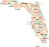 Multi Color Florida Map with Counties, Capitals, and Major Cities