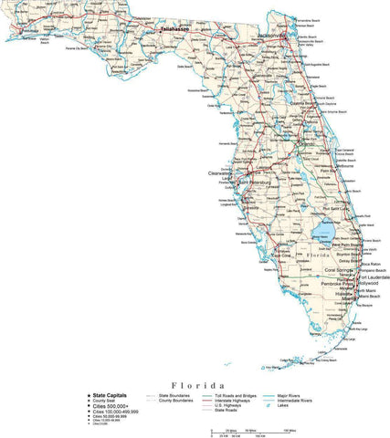 Florida Map - Cut Out Style - with Capital, County Boundaries, Cities, Roads, and Water Features