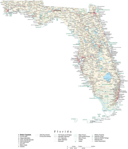 Detailed Florida Cut-Out Style Digital Map with County Boundaries, Cities, Highways, and more