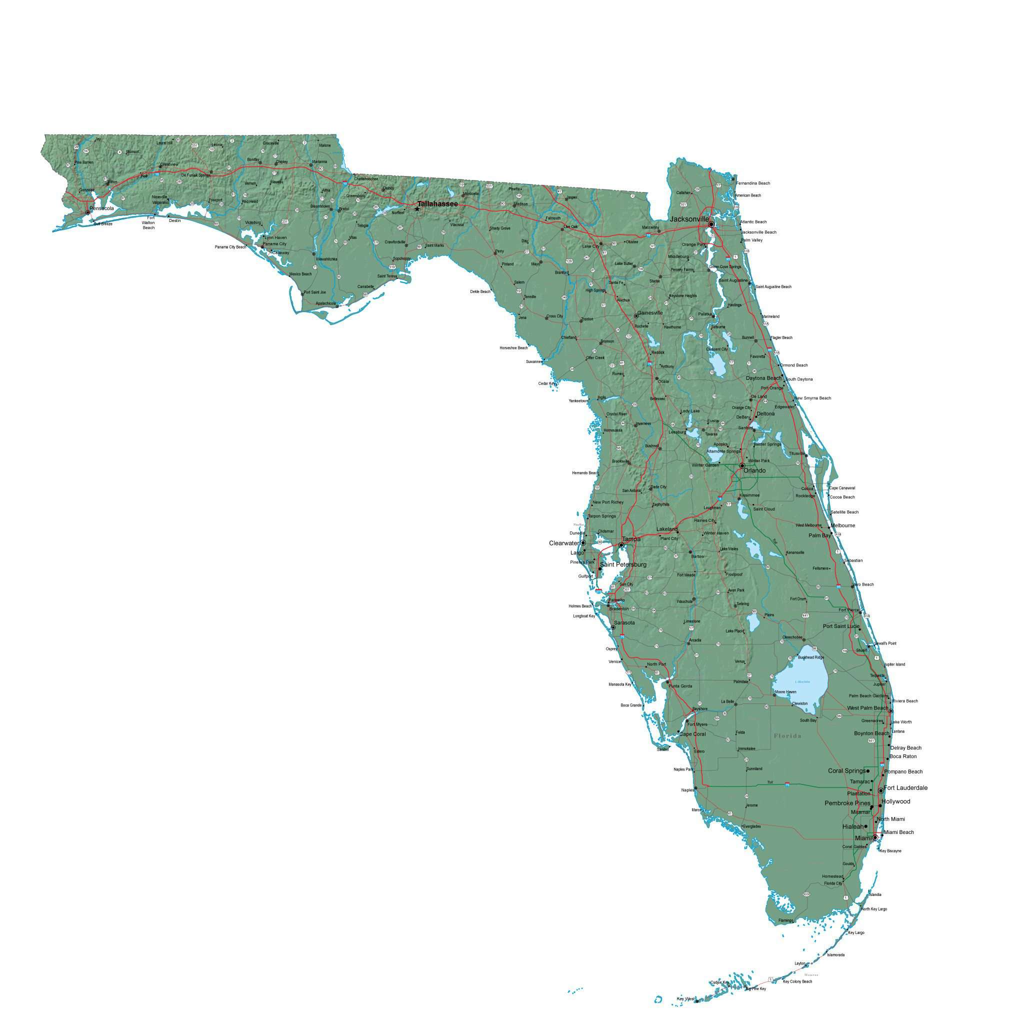 Florida Terrain Map Florida State Parks & Federal Lands Map 24x36