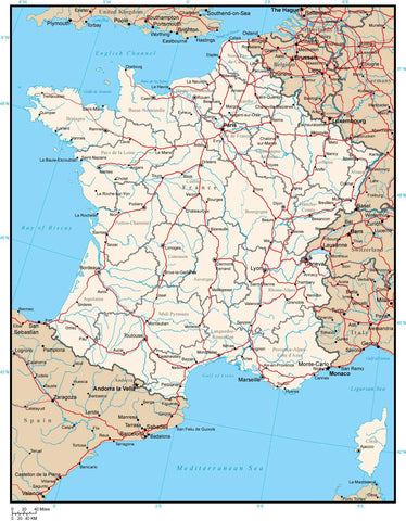 France Digital Vector Map with Provinces, Cities, Rivers and Roads