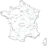 France Black & White Map with Capital, Major Cities, Roads, and Water Features