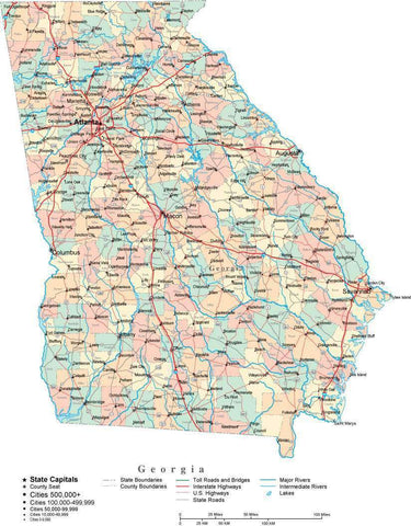 Georgia State Map - Multi-Color Cut-Out Style - with Counties, Cities, County Seats, Major Roads, Rivers and Lakes