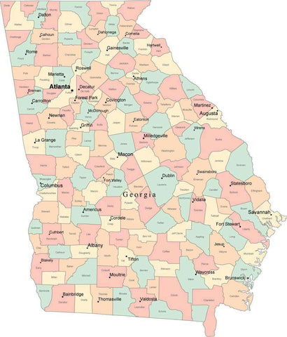 Multi Color Georgia Map with Counties, Capitals, and Major Cities