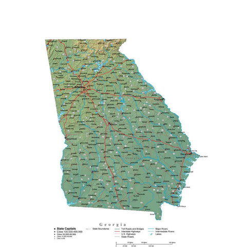 Digital Georgia State Illustrator cut-out style vector with Terrain GA-USA-242035