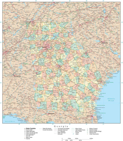 Detailed Georgia Digital Map with Counties, Cities, Highways, Railroads, Airports, and more