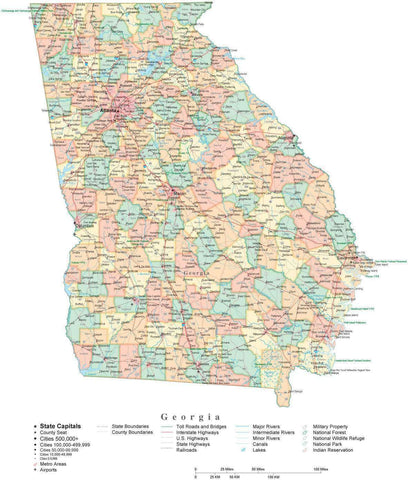 Detailed Georgia Cut-Out Style Digital Map with Counties, Cities, Highways, and more