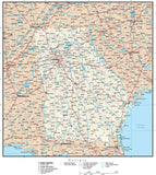 Georgia Map with Capital, County Boundaries, Cities, Roads, and Water Features