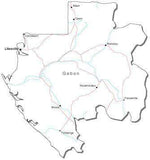 Gabon Black & White Map with Capital, Major Cities, Roads, and Water Features